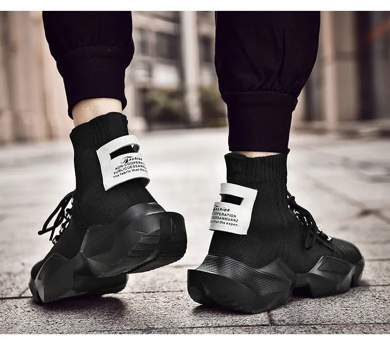 Large Size Men's Casual Sports Shoes in Socks Style with Mesh Lining Available in Black or White Colours from UK 5.5 to UK 11.5