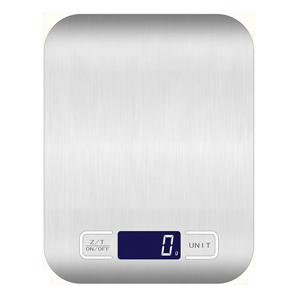 Stainless steel digital kitchen scale with LCD display showing weight measurement