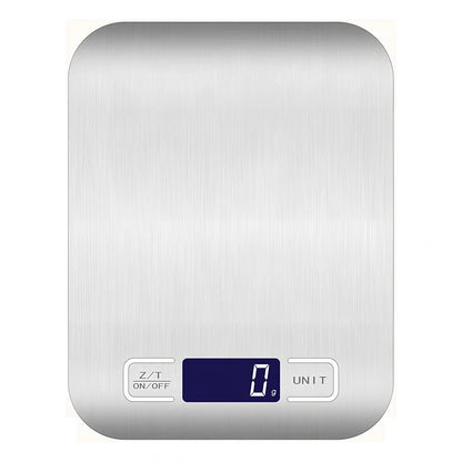 Stainless steel digital kitchen scale with LCD display showing weight measurement