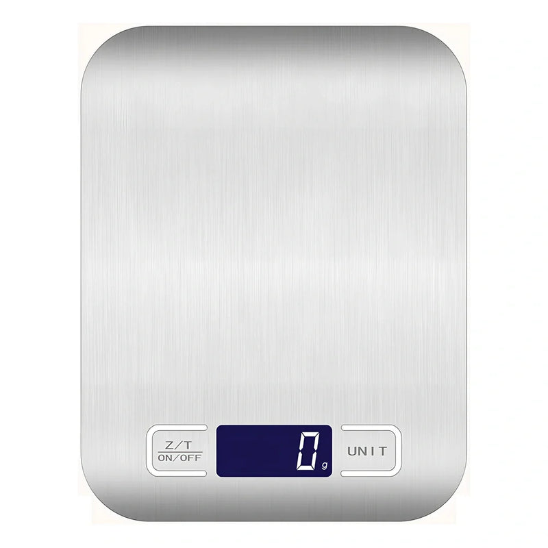 Stainless steel kitchen scale with 5kg capacity and 1g precision measurement, featuring large LCD display and multiple unit conversion modes for accurate food portion control