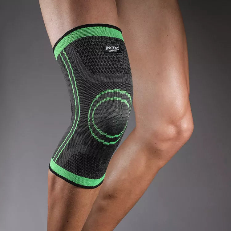 Breathable nylon knee pads for cycling and sports, available in green and orange