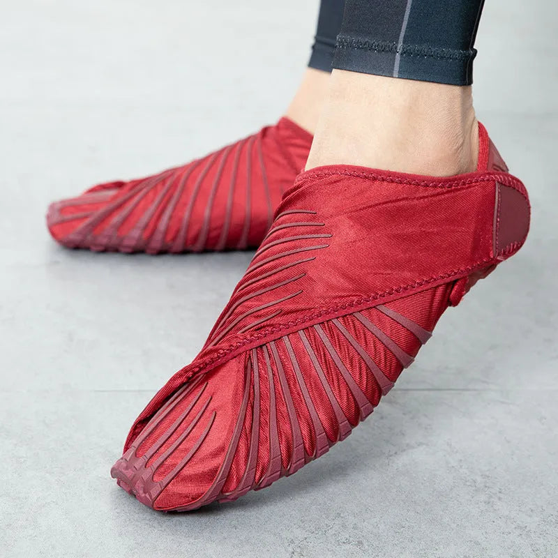 Portable bat wrapped cloth yoga shoes with elastic waterproof upper, mesh lining, flat heel, in red, blue, or black