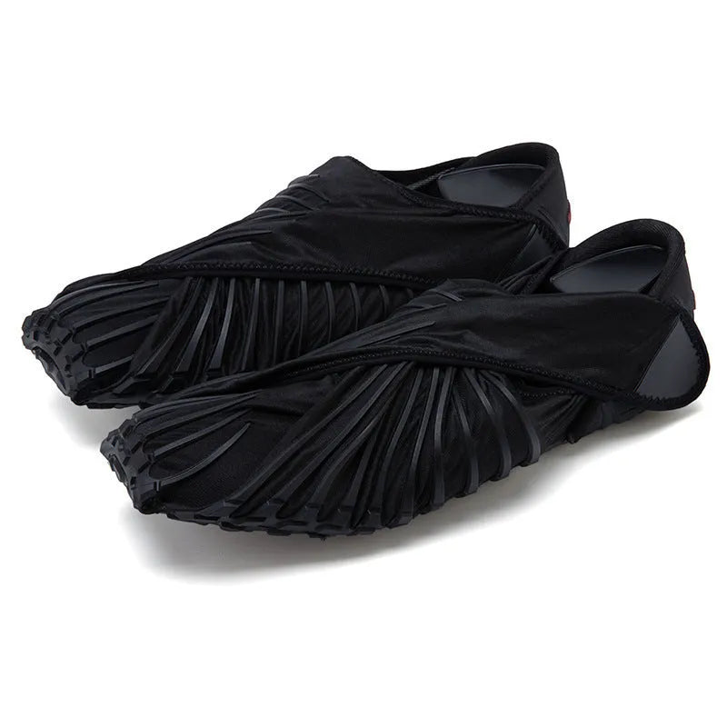 Portable bat wrapped cloth yoga shoes with elastic waterproof upper, mesh lining, flat heel, in red, blue, or black