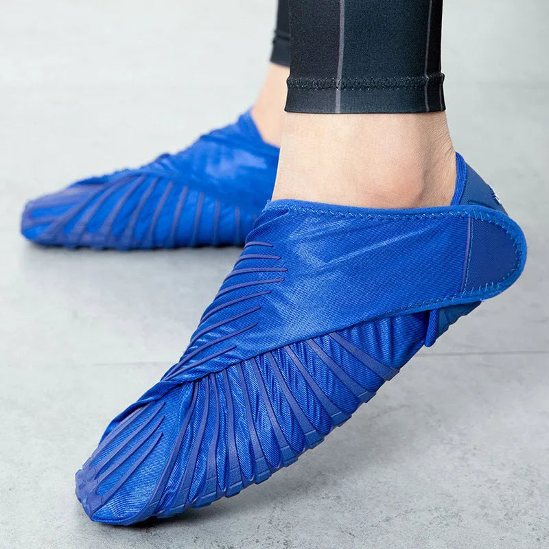 Portable bat wrapped cloth yoga shoes with elastic waterproof upper, mesh lining, flat heel, in red, blue, or black