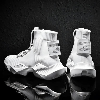 Men's black and white socks-style casual sports shoes with mesh lining, shown in large sizes.