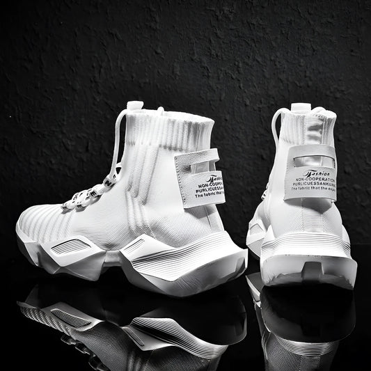 Men's black and white socks-style casual sports shoes with mesh lining, shown in large sizes.