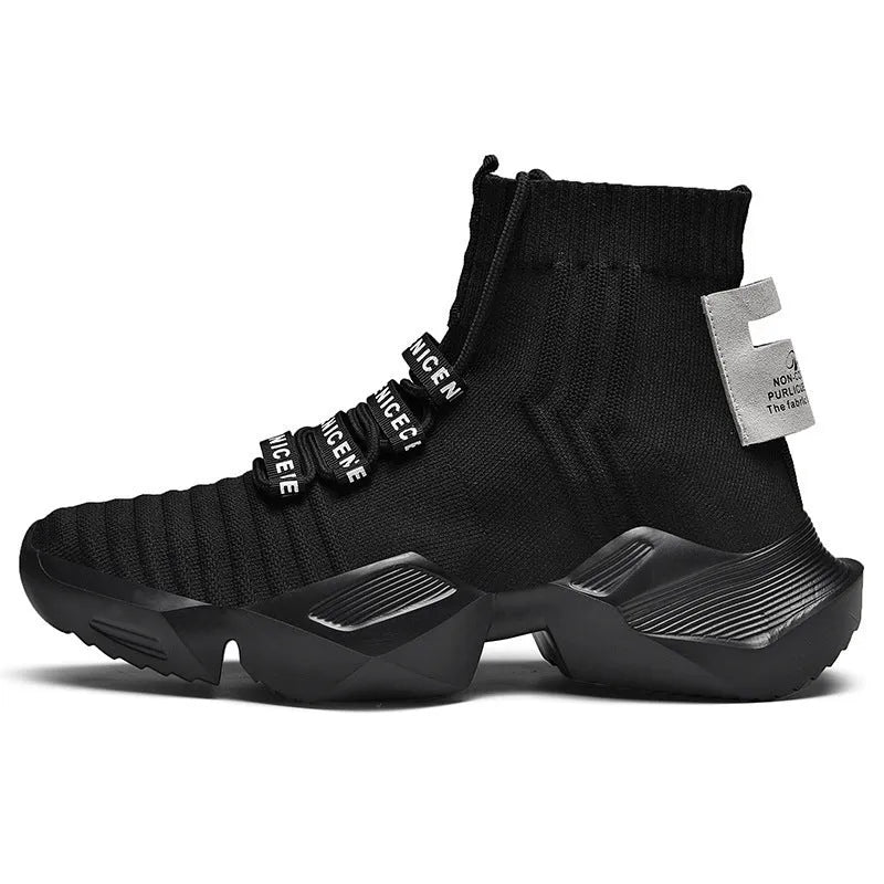 Men's black and white socks-style casual sports shoes with mesh lining, shown in large sizes.