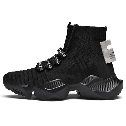 Men's black and white socks-style casual sports shoes with mesh lining, shown in large sizes.