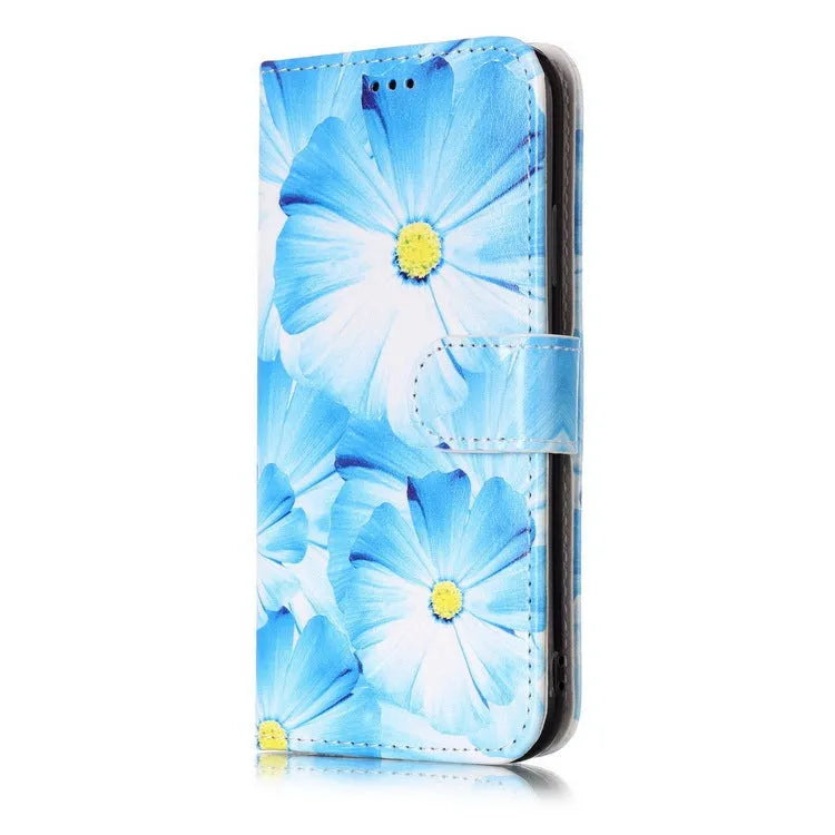 Marble pattern flip wallet iPhone case with 3D cartoon animal design, shown closed and open.