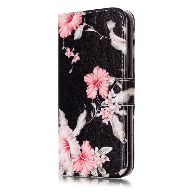 Marble pattern flip wallet iPhone case with 3D cartoon animal design, shown closed and open.