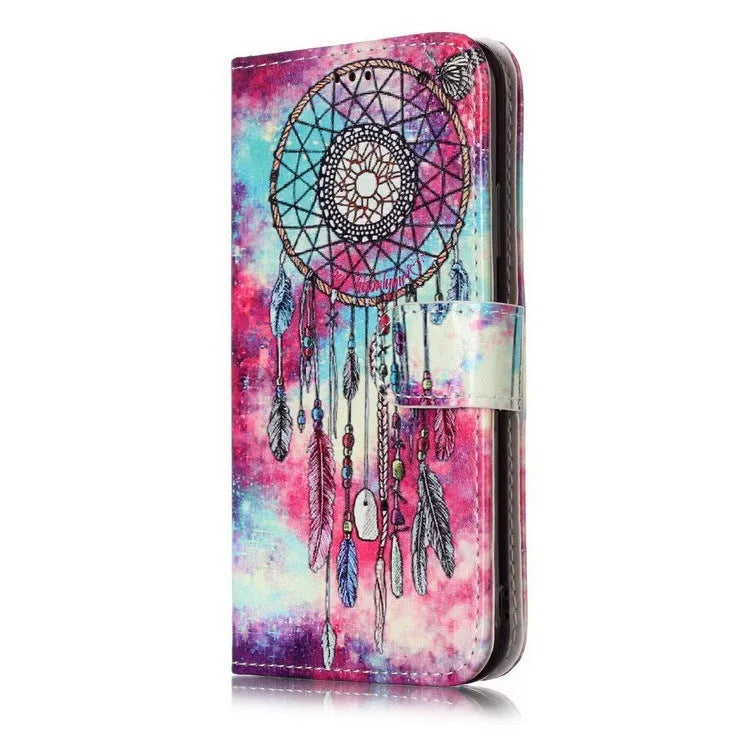 Marble pattern flip wallet iPhone case with 3D cartoon animal design, shown closed and open.