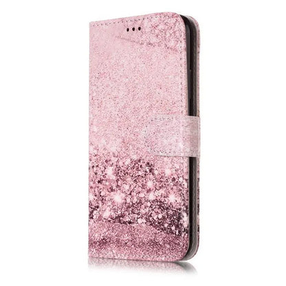 Marble pattern flip wallet iPhone case with 3D cartoon animal design, shown closed and open.
