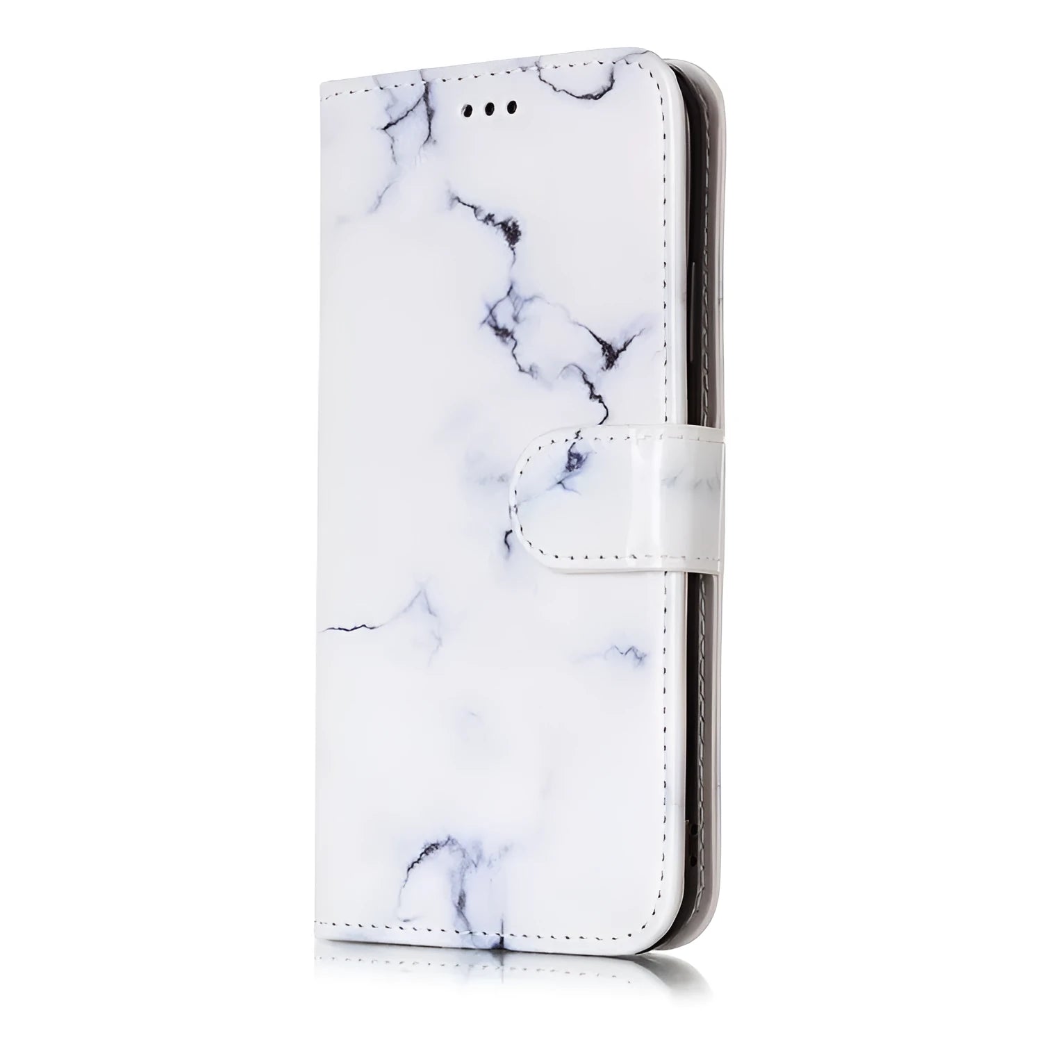 Marble pattern flip wallet iPhone case with 3D cartoon animal design, shown closed and open.