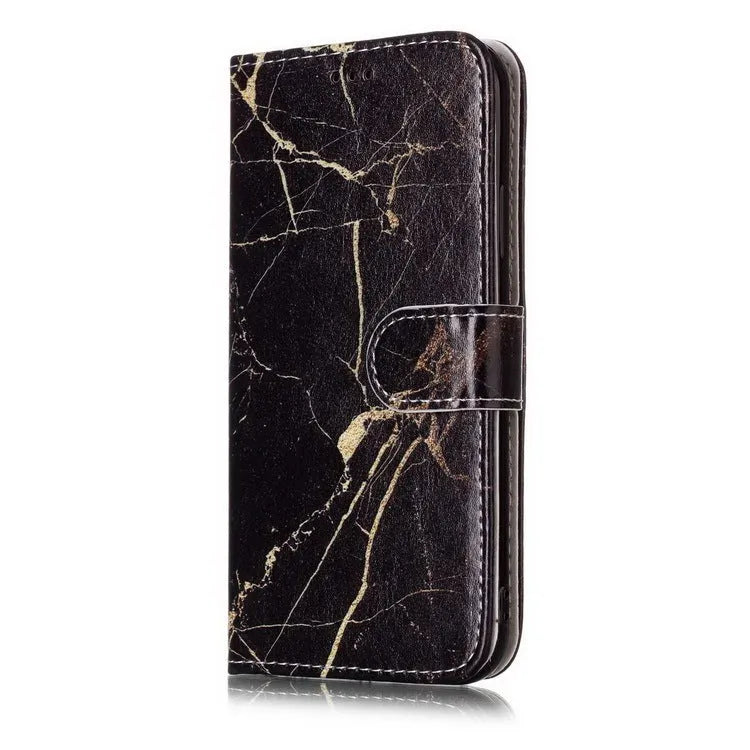 Marble pattern flip wallet iPhone case with 3D cartoon animal design, shown closed and open.