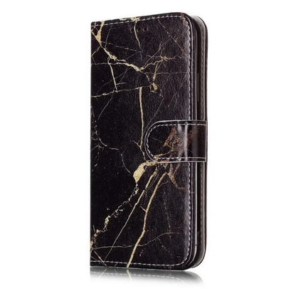 Marble pattern flip wallet iPhone case with 3D cartoon animal design, shown closed and open.