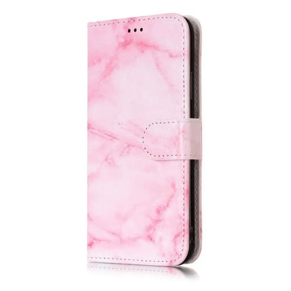 Marble pattern flip wallet iPhone case with 3D cartoon animal design, shown closed and open.