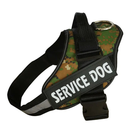 A reflective adjustable no-pull dog harness in nylon, shown on a dog, with a sturdy handle and D-ring for leash attachment.