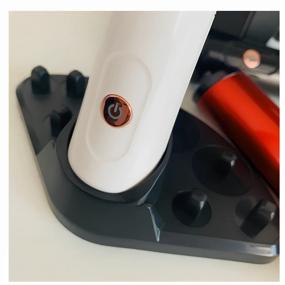 White electric makeup brush cleaner with 2.5cm hair length and automatic rotation mechanism on base