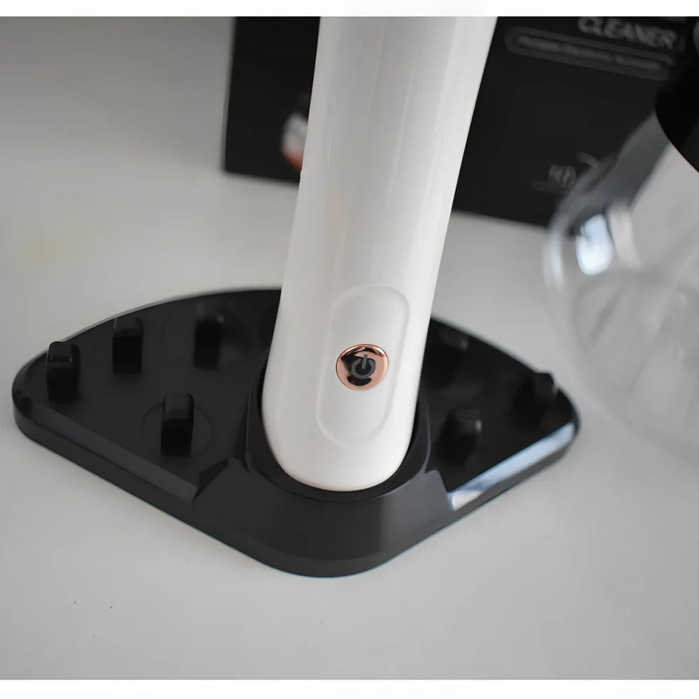 White electric makeup brush cleaner with 2.5cm hair length and automatic rotation mechanism on base