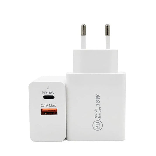 18W USB-C PD fast charger with US plug in black or white colour options