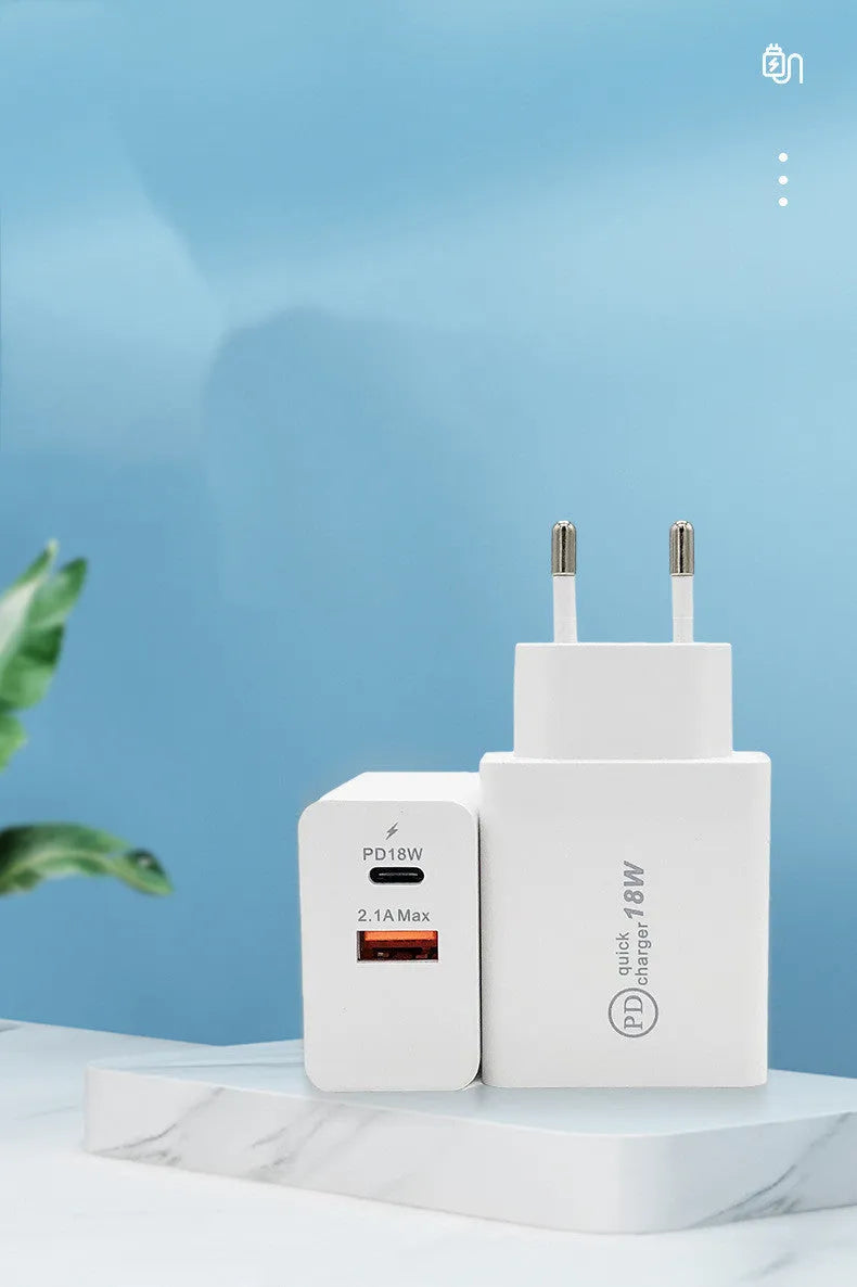 18W USB-C PD fast charger with US plug in black or white colour options