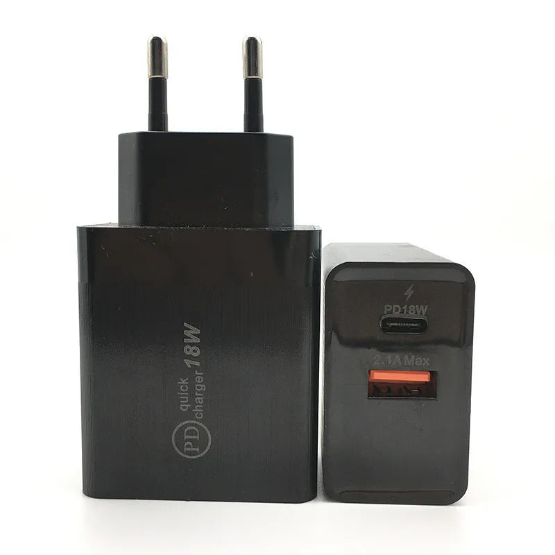 18W USB-C PD fast charger with US plug in black or white colour options