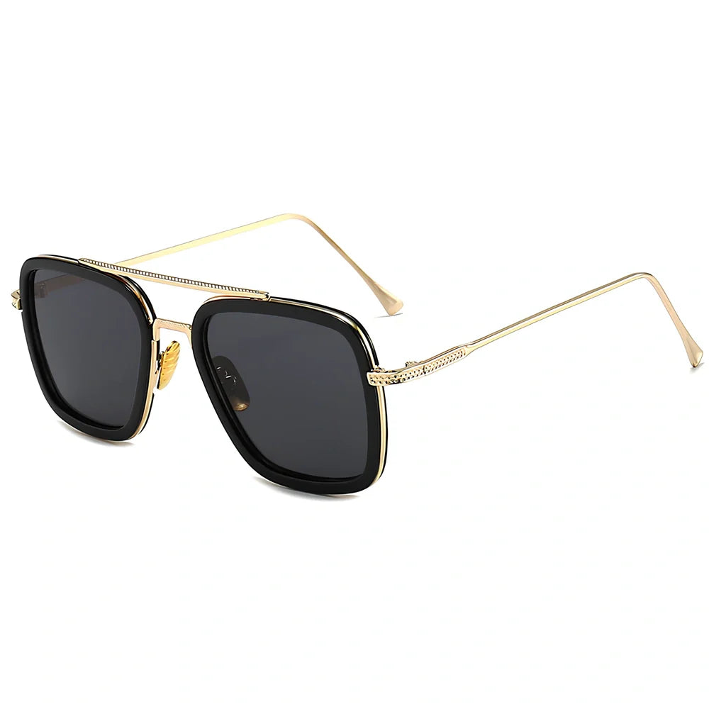 Iron Man Sunglasses with silver frame, black circle, and light grey lenses in vintage style