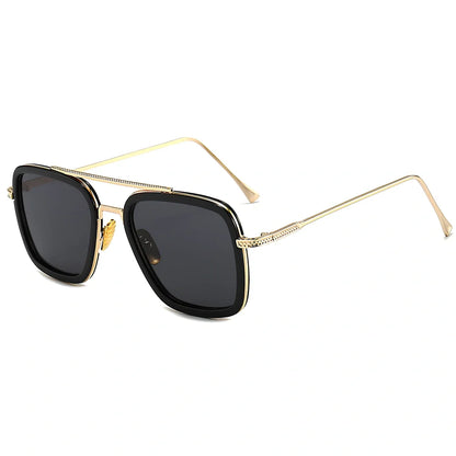 Iron Man Sunglasses with silver frame, black circle, and light grey lenses in vintage style