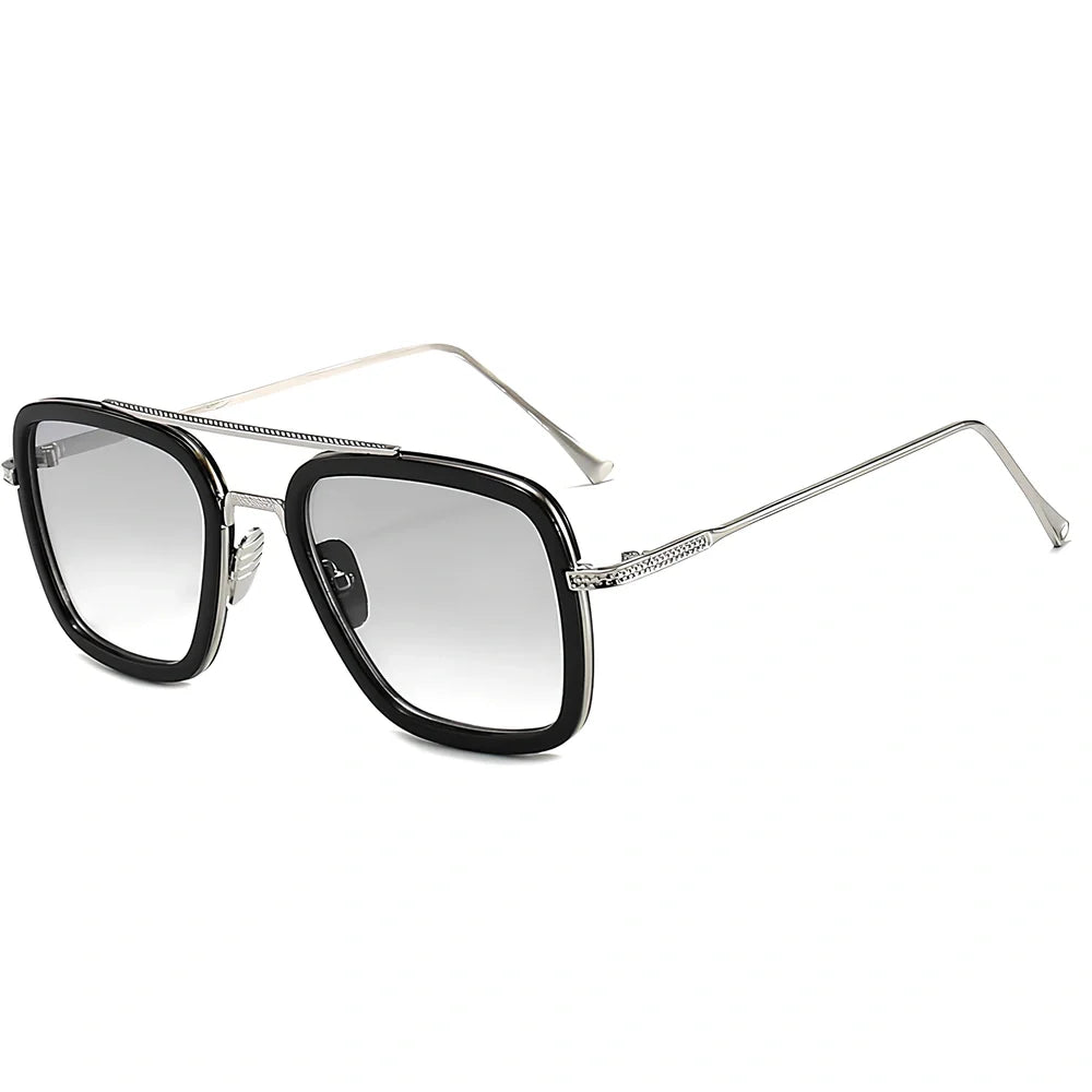 Iron Man Sunglasses with silver frame, black circle, and light grey lenses in vintage style