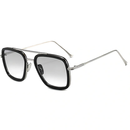 Iron Man Sunglasses with silver frame, black circle, and light grey lenses in vintage style