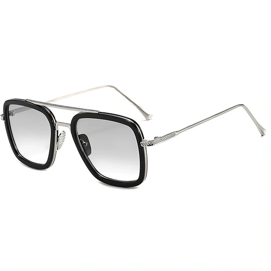 Iron Man Sunglasses with silver frame, black circle, and light grey lenses in vintage style
