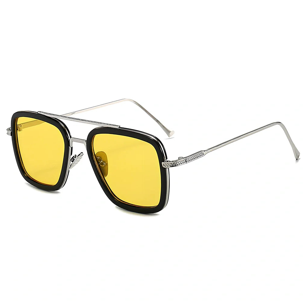 Iron Man Sunglasses with silver frame, black circle, and light grey lenses in vintage style