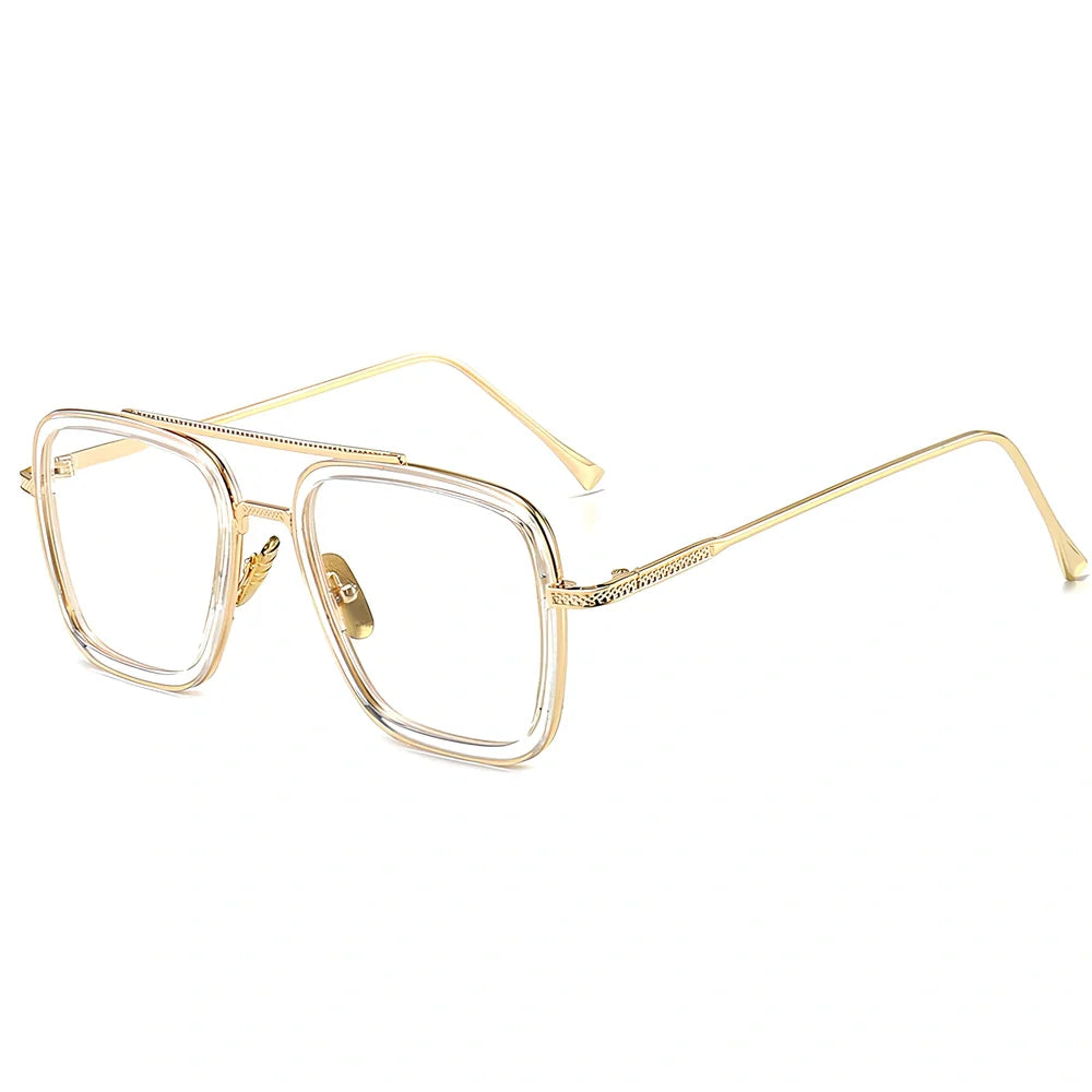 Iron Man Sunglasses with silver frame, black circle, and light grey lenses in vintage style