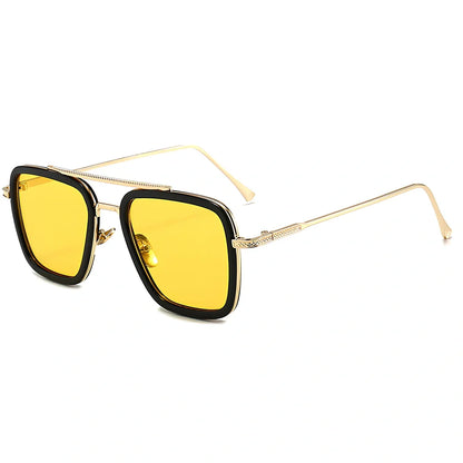 Iron Man Sunglasses with silver frame, black circle, and light grey lenses in vintage style