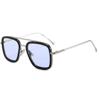 Iron Man Sunglasses with silver frame, black circle, and light grey lenses in vintage style