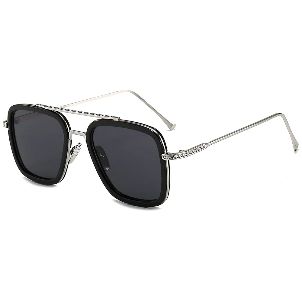 Iron Man Sunglasses with silver frame, black circle, and light grey lenses in vintage style