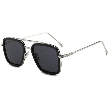 Iron Man Sunglasses with silver frame, black circle, and light grey lenses in vintage style