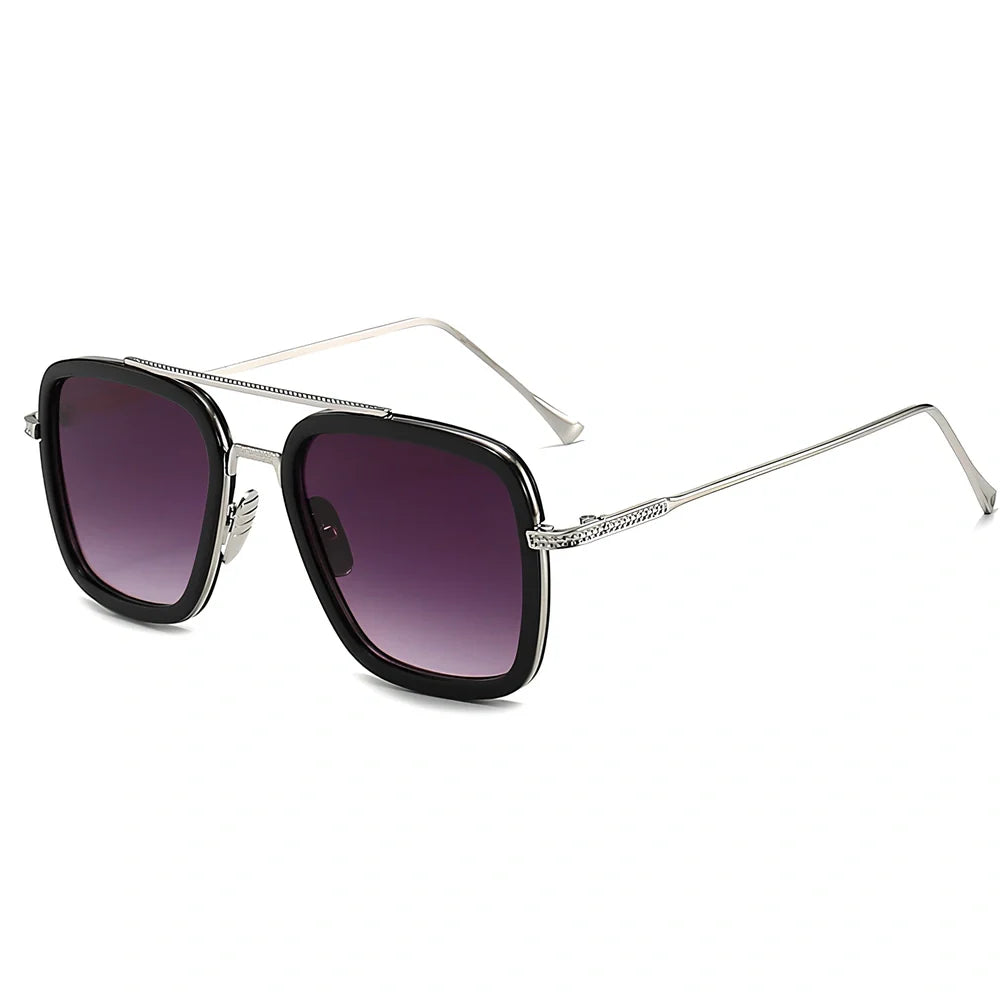 Iron Man Sunglasses with silver frame, black circle, and light grey lenses in vintage style