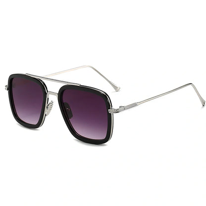 Iron Man Sunglasses with silver frame, black circle, and light grey lenses in vintage style