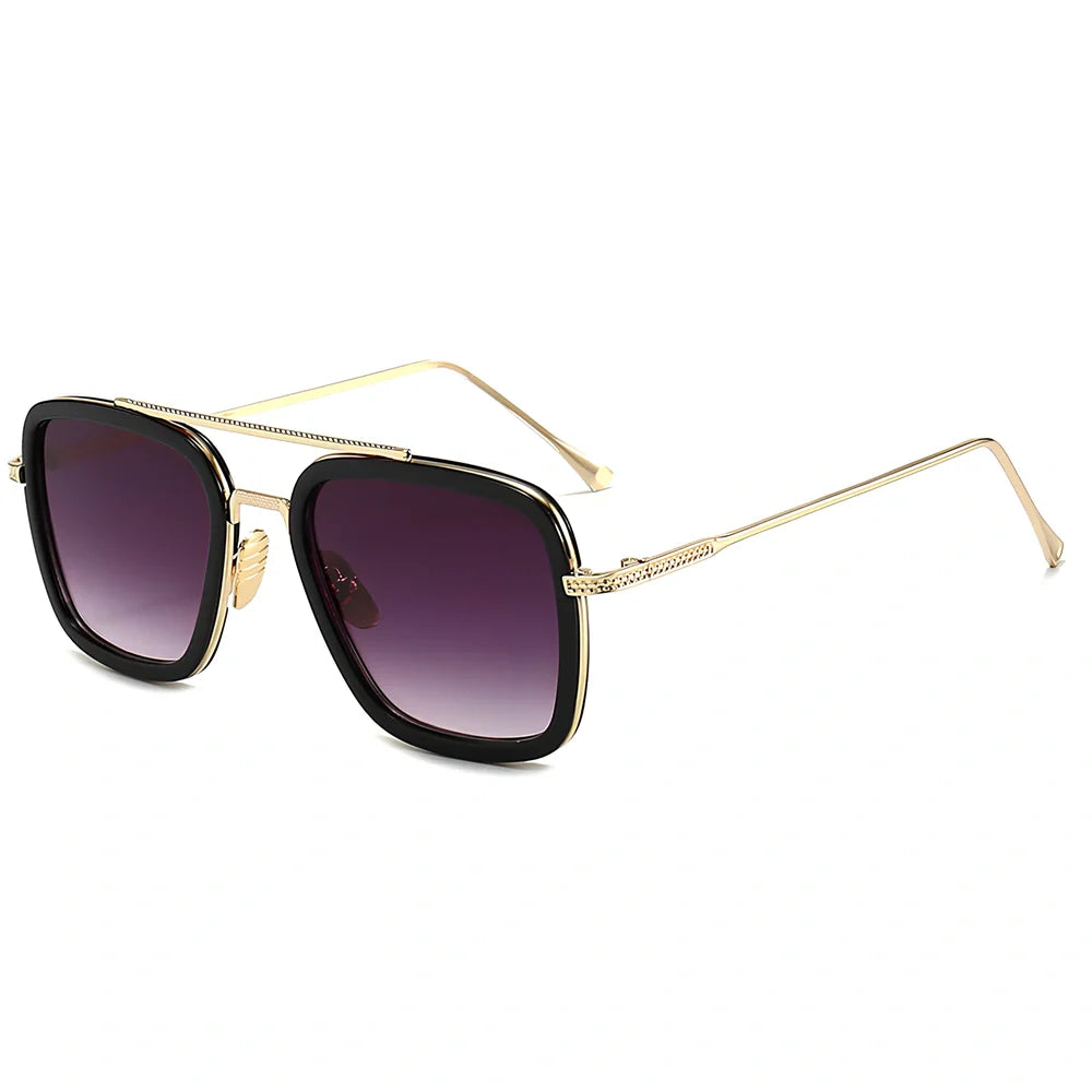 Iron Man Sunglasses with silver frame, black circle, and light grey lenses in vintage style