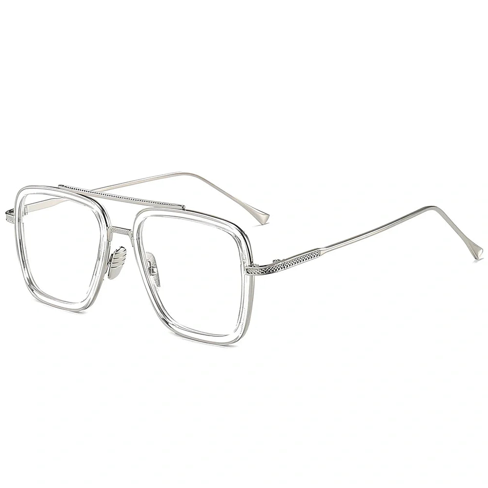 Iron Man Sunglasses with silver frame, black circle, and light grey lenses in vintage style