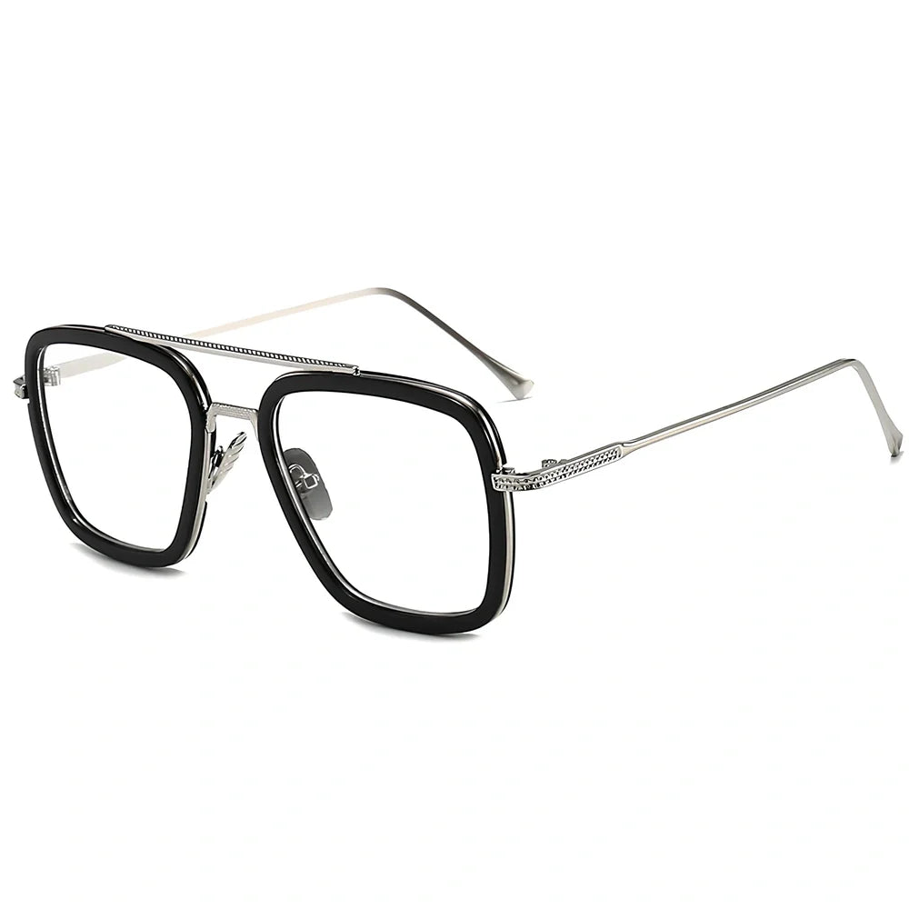 Iron Man Sunglasses with silver frame, black circle, and light grey lenses in vintage style