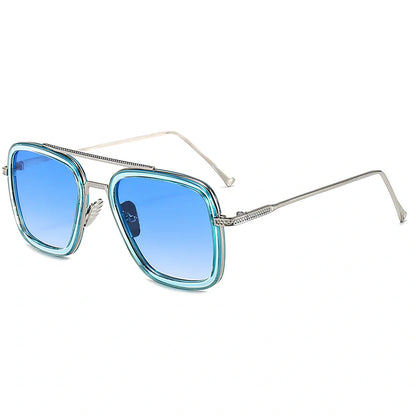 Iron Man Sunglasses with silver frame, black circle, and light grey lenses in vintage style