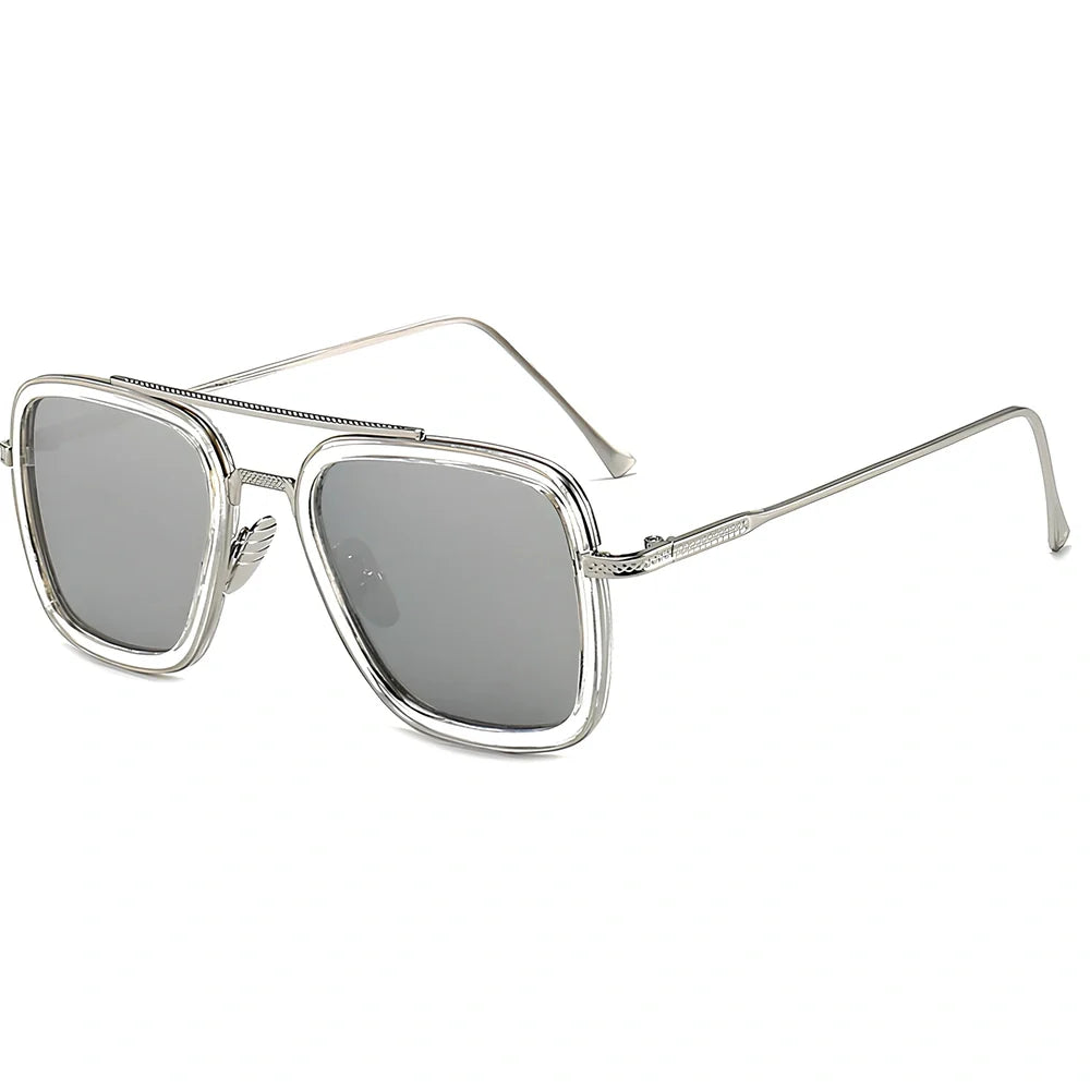 Iron Man Sunglasses with silver frame, black circle, and light grey lenses in vintage style