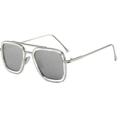Iron Man Sunglasses with silver frame, black circle, and light grey lenses in vintage style