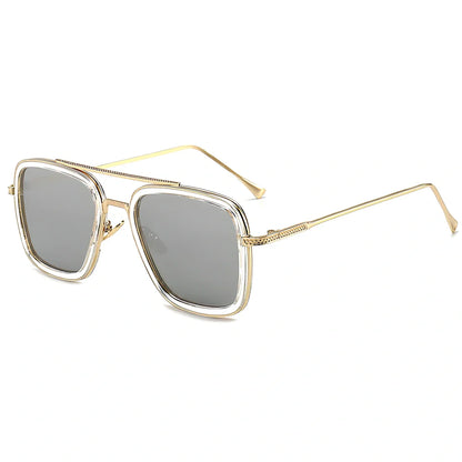 Iron Man Sunglasses with silver frame, black circle, and light grey lenses in vintage style