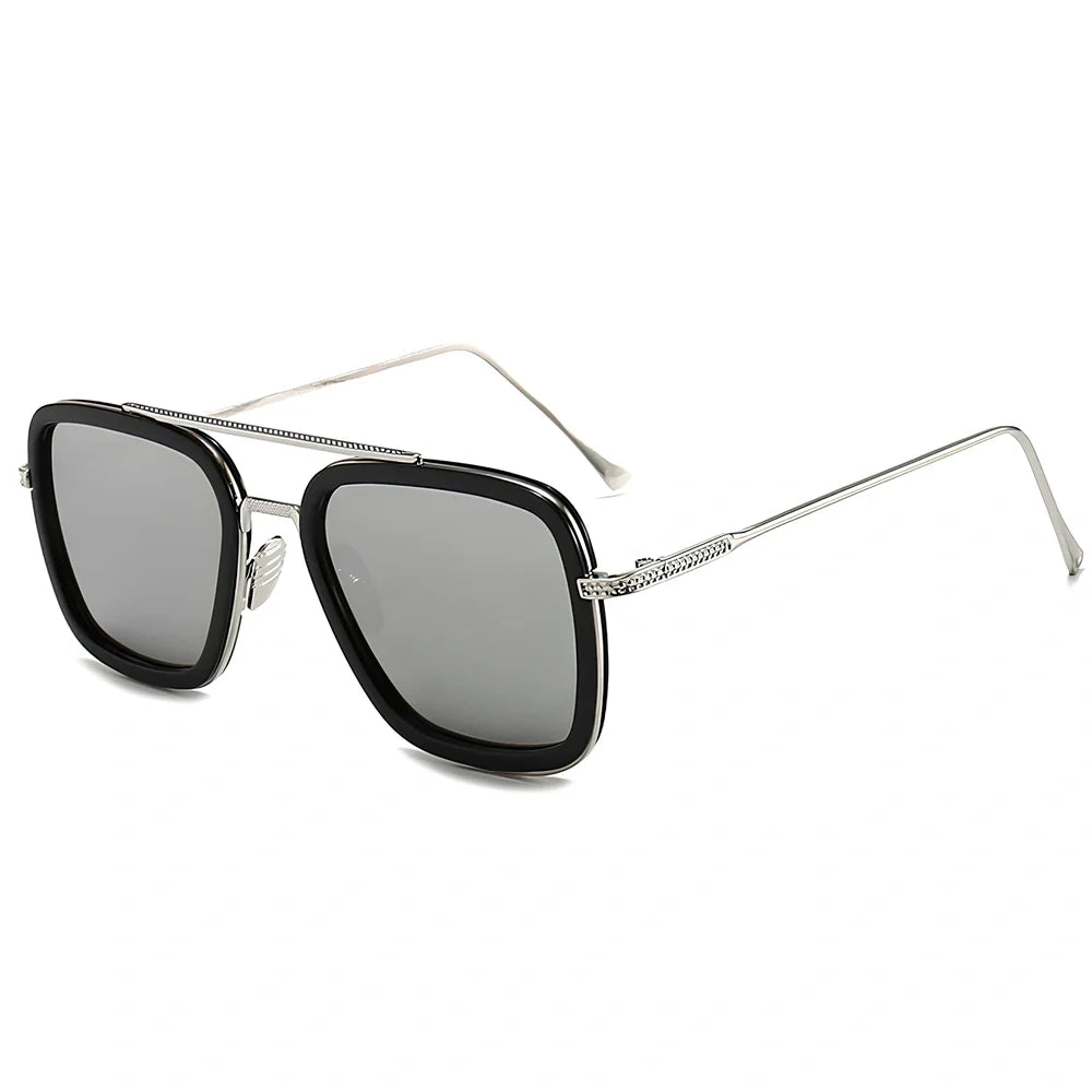 Iron Man Sunglasses with silver frame, black circle, and light grey lenses in vintage style