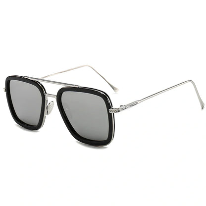 Iron Man Sunglasses with silver frame, black circle, and light grey lenses in vintage style