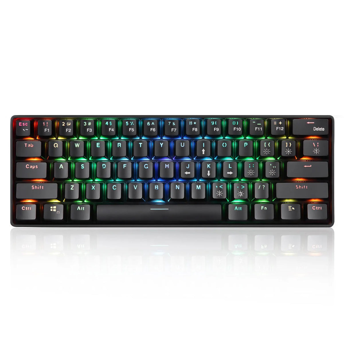 Black 61-key mechanical keyboard with RGB backlight, green axis switches, and English keycaps