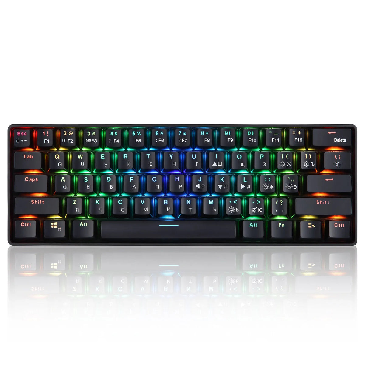 Black 61-key mechanical keyboard with RGB backlight, green axis switches, and English keycaps